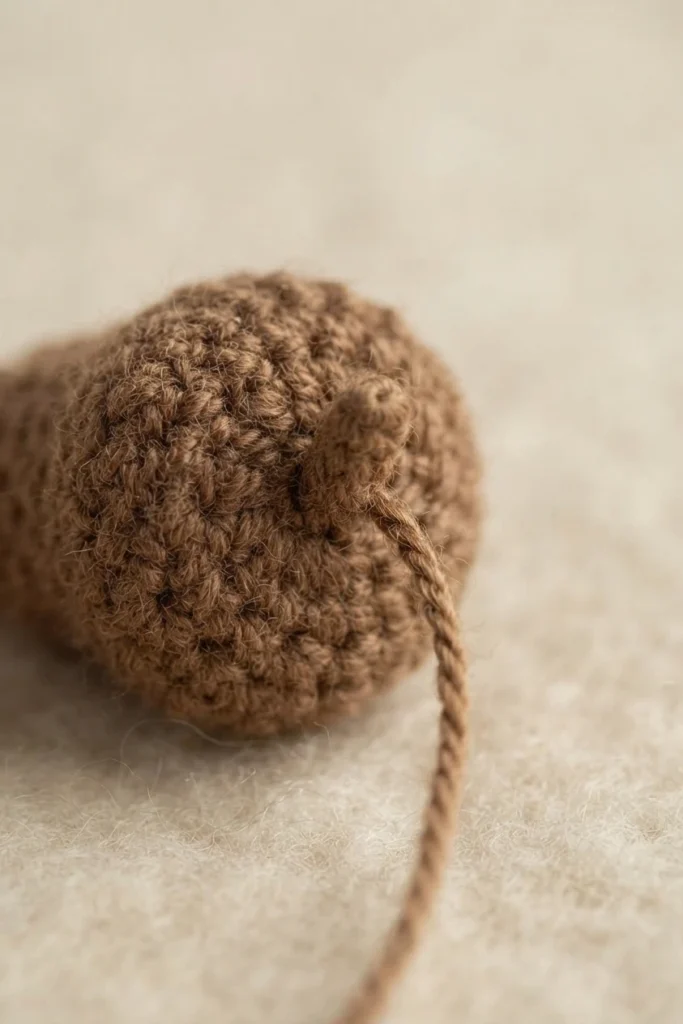 A small brown crocheted acorn stem with a loose yarn tail on a light surface.