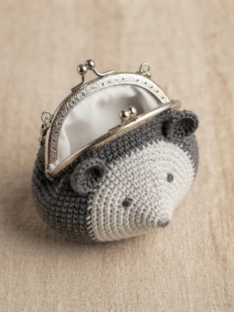 An open gray-and-cream crocheted animal coin purse with a metal frame and pale fabric lining.