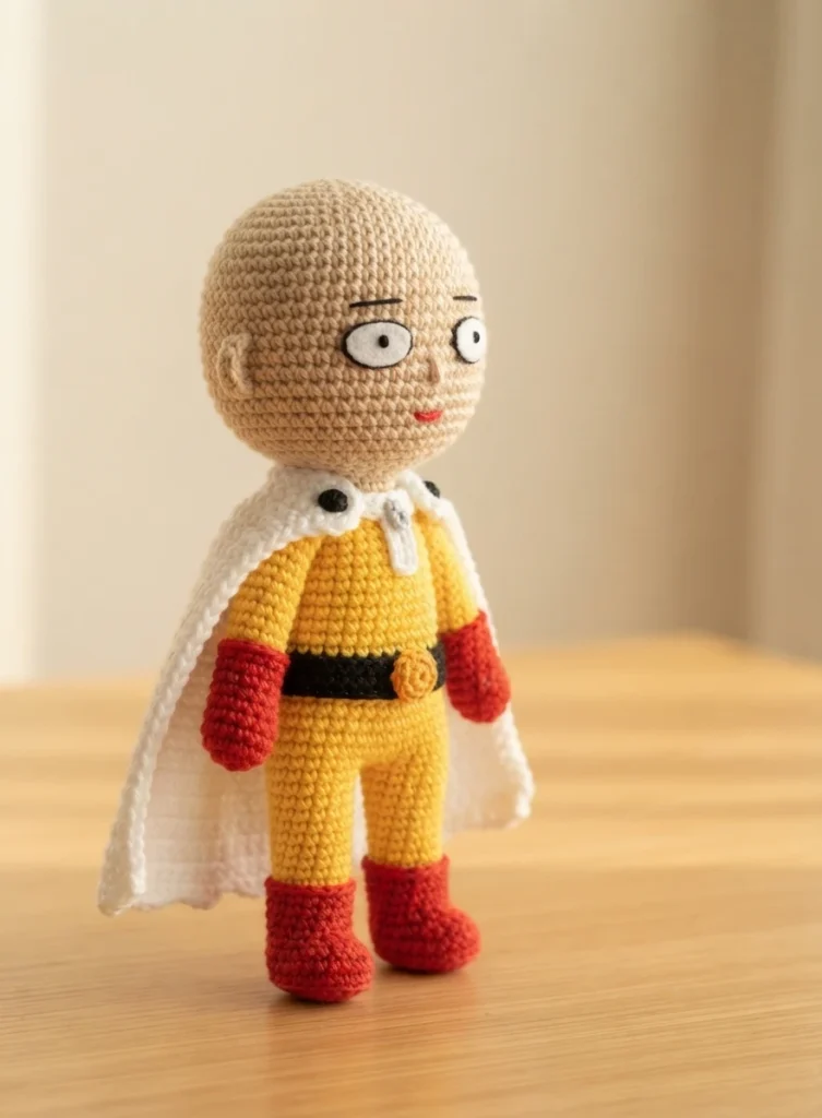 Crochet amigurumi doll of Saitama in a yellow suit with red gloves and boots, black belt and white cape, standing on a wooden table.