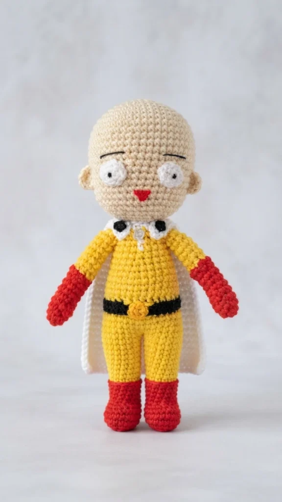 Crocheted Saitama amigurumi doll in a yellow suit with red gloves and boots, black belt and white cape, standing against a plain light background.