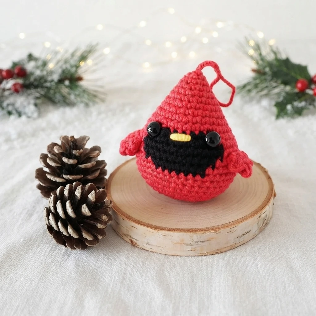 A red crocheted cardinal ornament with a black face, yellow beak, and hanging loop rests on a wood slice beside a pine cone and evergreen branches.
