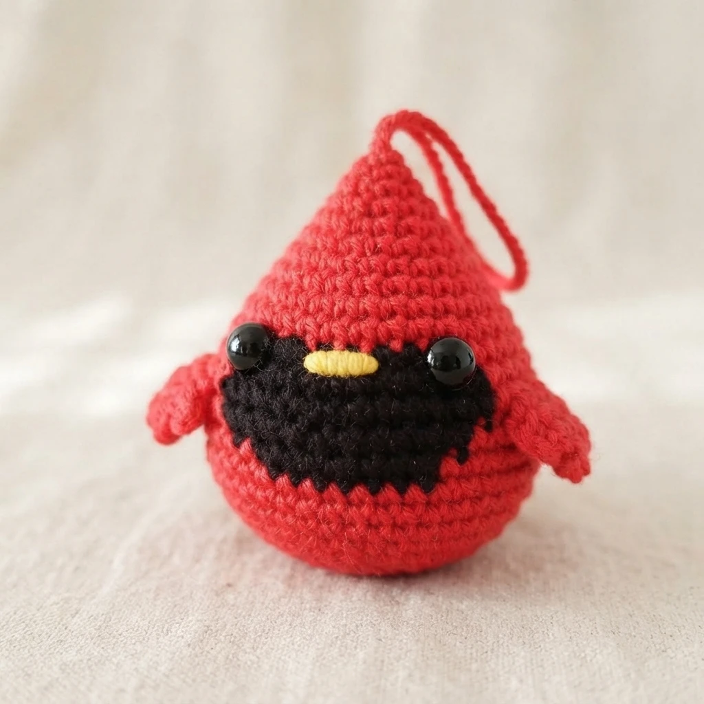 Red crocheted cardinal ornament with a black face, yellow beak, bead eyes, wings and a hanging loop, on a neutral background.