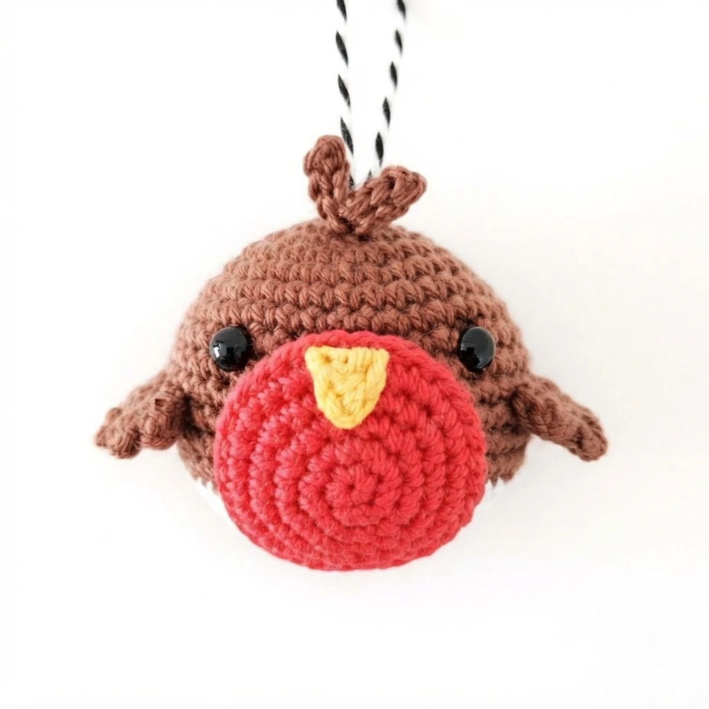 Ornement crocheté en forme d’oiseau brun, avec poitrine rouge, bec jaune, yeux noirs et cordon de suspension.