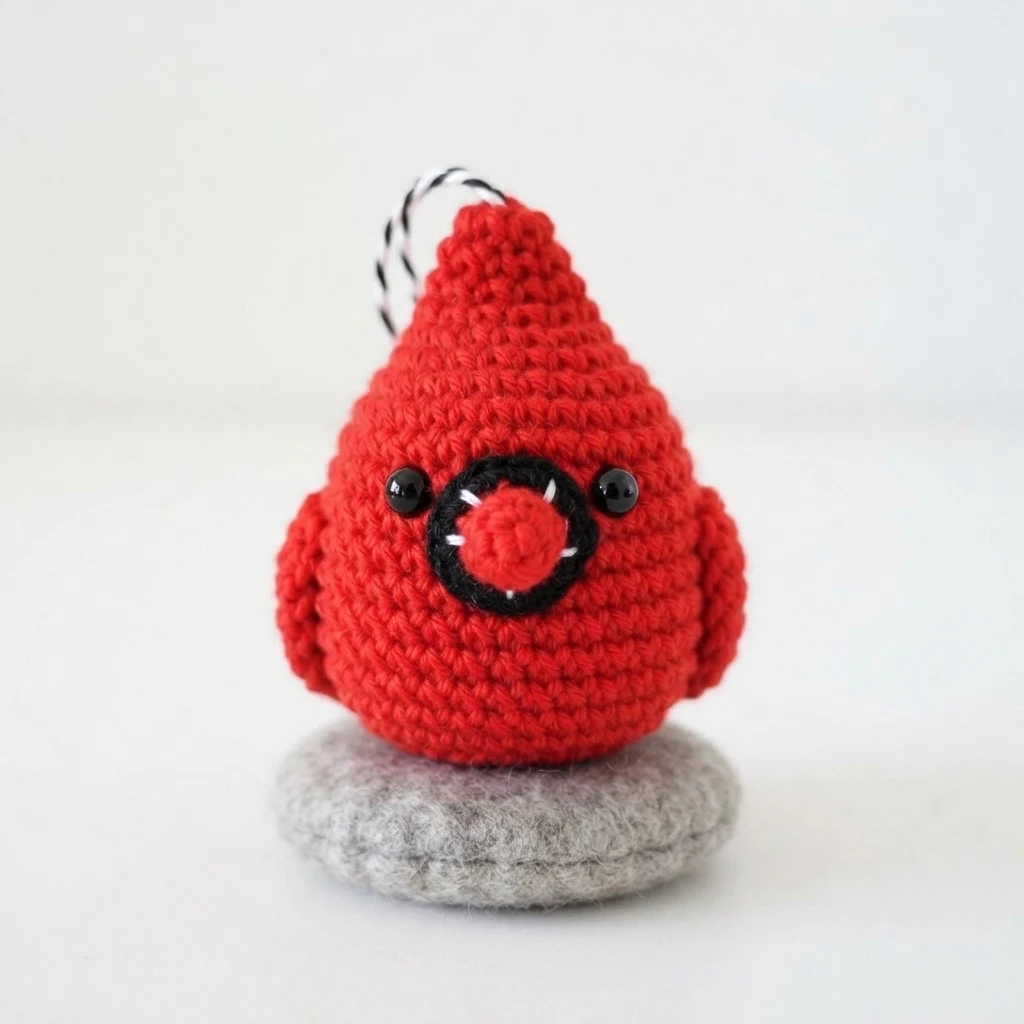 Ornement crocheté rouge en forme d’oiseau, avec des yeux noirs, des ailes, une boucle de suspension et un cercle noir autour du visage.