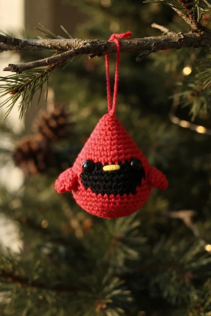 Ornement cardinal au crochet rouge et noir, suspendu par une boucle à une branche de conifère.