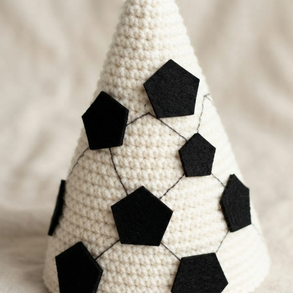 A tall white crocheted cone hat decorated with black felt pentagons linked by dark stitch lines, shown in close-up against a soft cream fabric background.