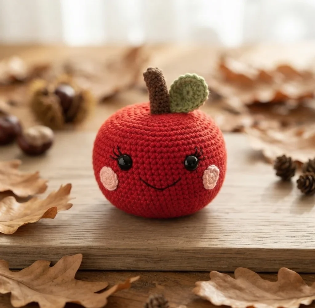 Pomme rouge crochetée avec une tige brune, une feuille verte, des yeux brillants et des joues roses, posée sur une table en bois parmi des feuilles d’automne.