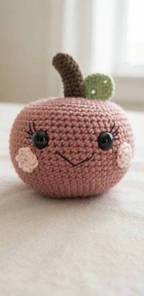 A pink crocheted apple with black eyes and eyelashes, embroidered smile, pale pink cheeks, a brown stem, and a green leaf.