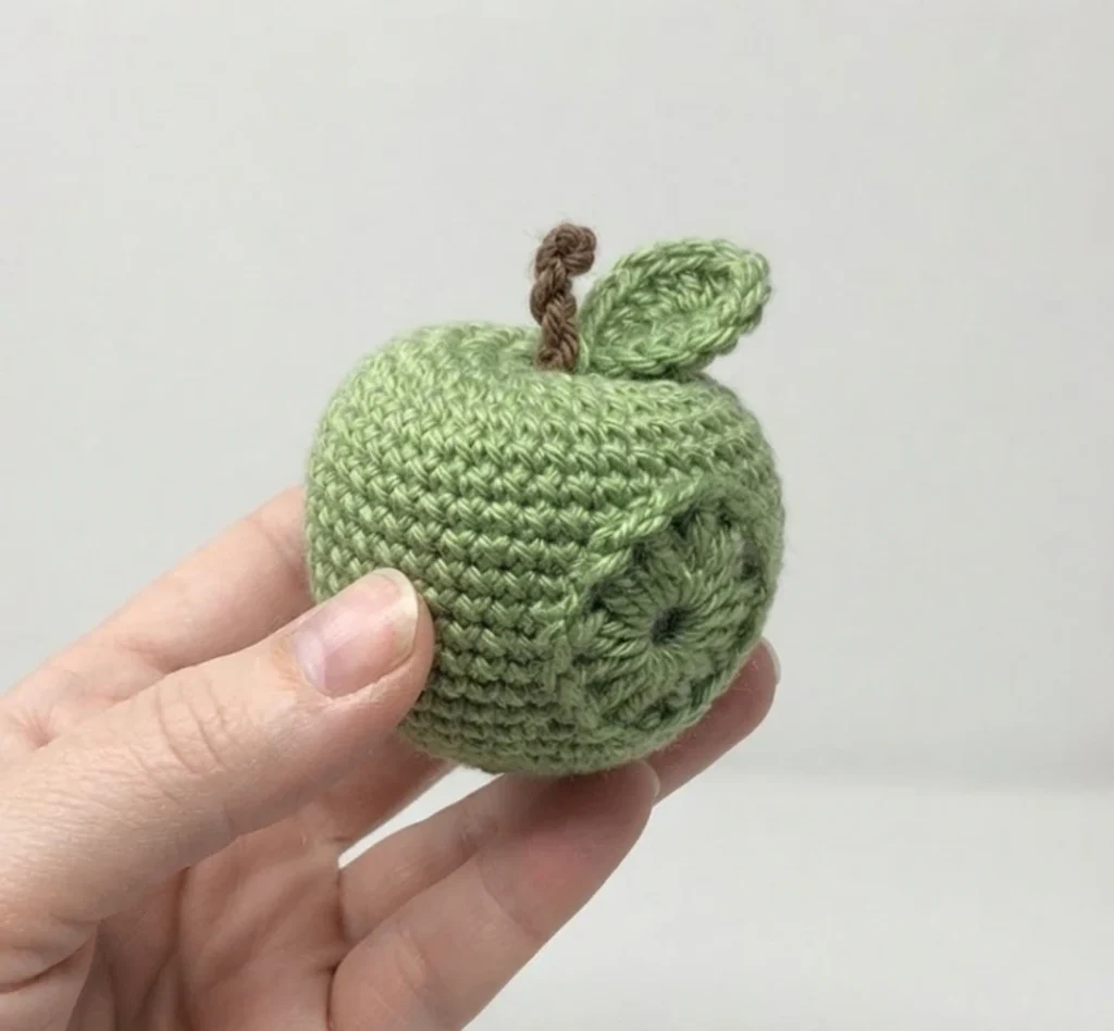 Une main tient une petite pomme verte crochetée avec une tige brune et une feuille.