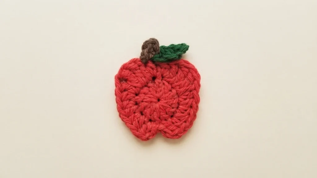 Finished red crochet apple applique with a brown stem and green leaf, shown flat on a plain light background