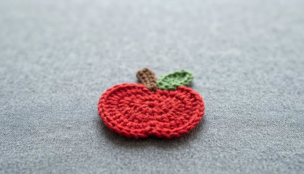 Crocheted red apple applique with a brown stem and a small green leaf, shown flat on a plain gray surface.