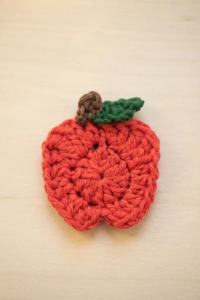 Crocheted red apple applique with a brown stem and a green leaf, lying flat on a light wooden surface