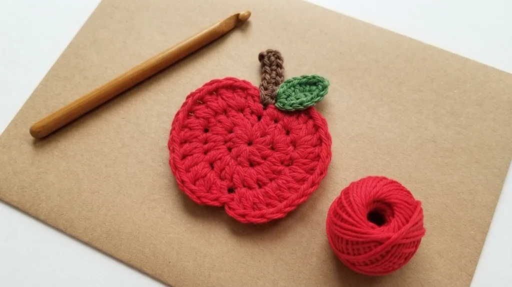 Crochet red apple applique with a brown stem and green leaf, shown finished on kraft paper next to a wooden crochet hook and a ball of red yarn
