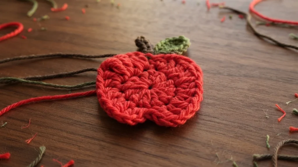 Crocheted red apple applique with a brown stem and a green leaf, surrounded by loose red, green and brown yarn ends on a dark wooden surface.