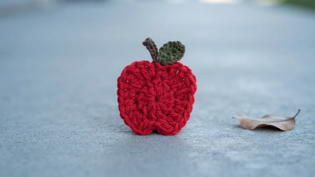 Crocheted red apple applique with a brown stem and a green leaf, resting on a grey textured surface beside a dried leaf.