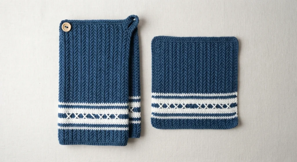 Crocheted blue hanging kitchen towel with a wooden button and loop, shown next to a matching blue dishcloth, both decorated with white stripes and a row of crossed stitches near the bottom, laid flat on a light background.