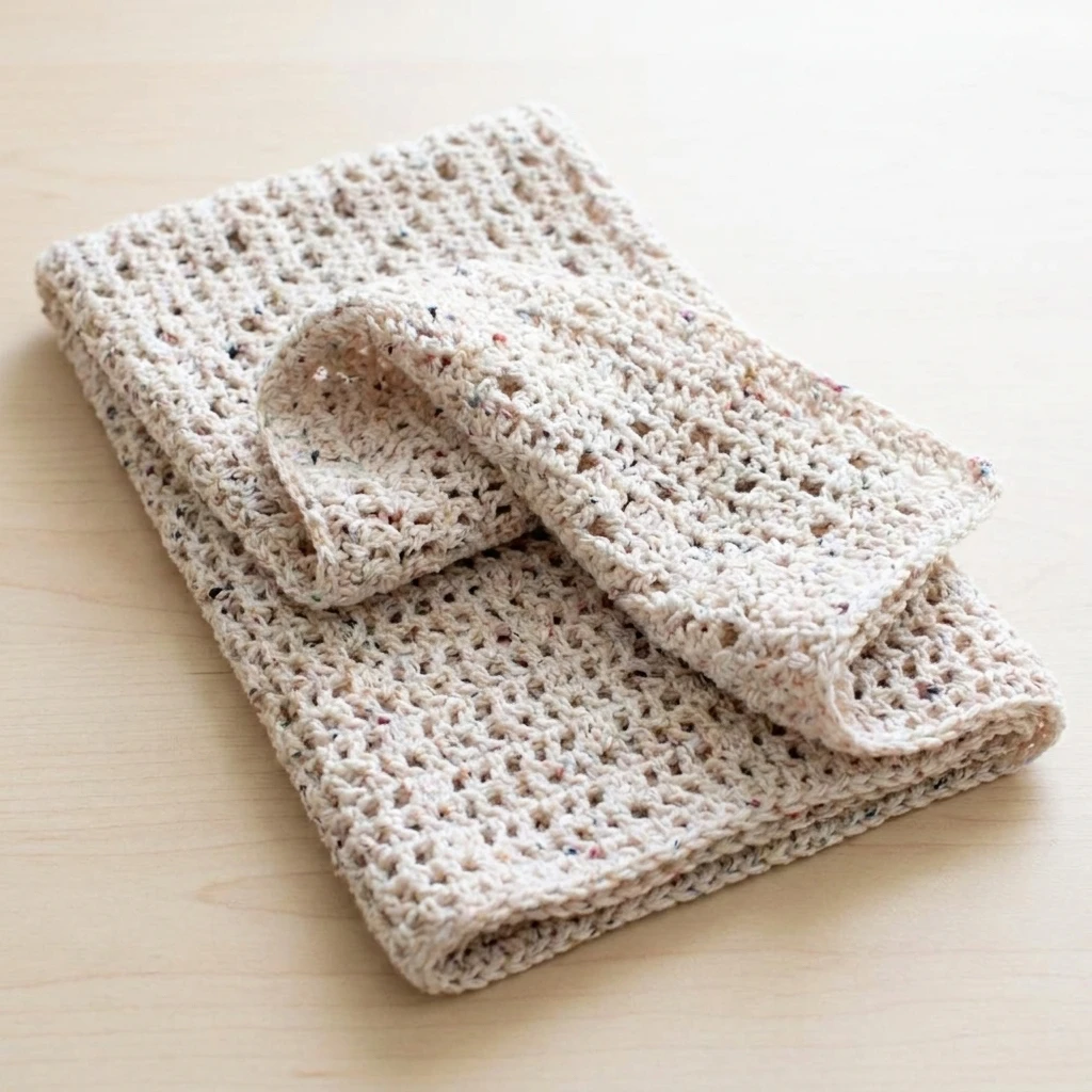 Folded cream speckled crocheted dishcloth with an open stitch texture lying on a light wood surface.