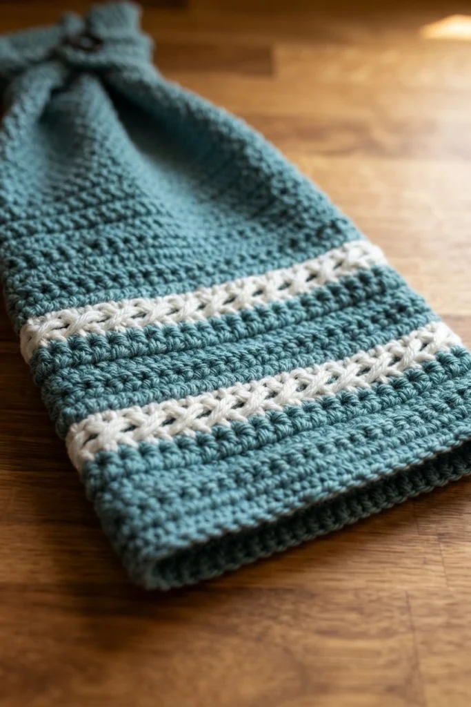 Close-up of a teal crocheted hanging dish towel with two cream crossed stitch stripes on a wooden surface.