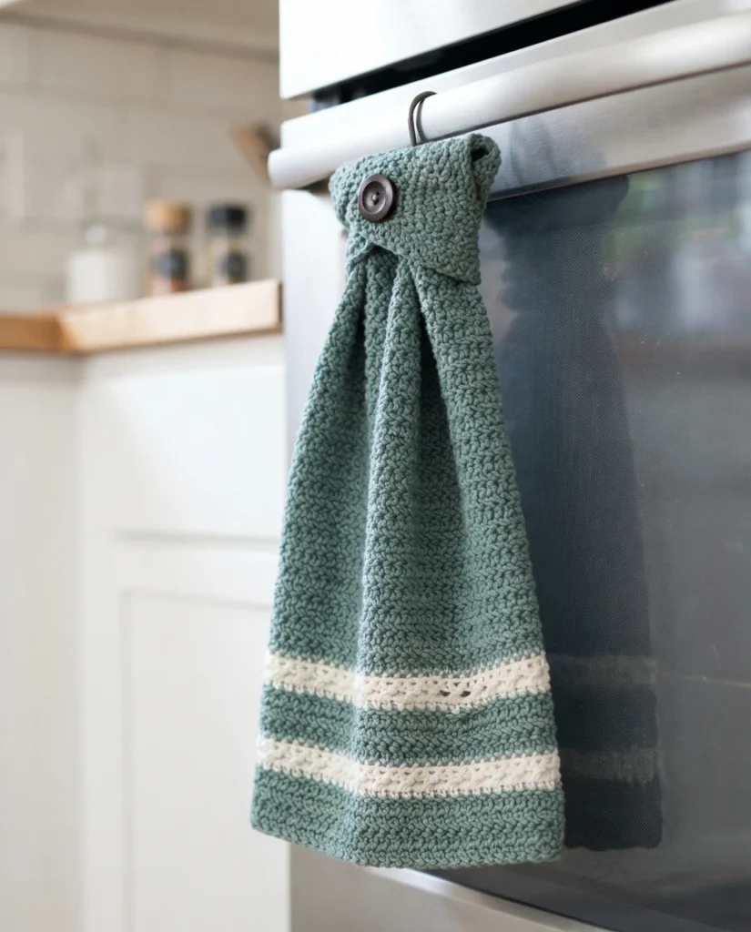 Crocheted sage green hanging dish towel with two cream textured stripes near the bottom and a dark brown button at the folded top, hanging from an oven handle in a kitchen.