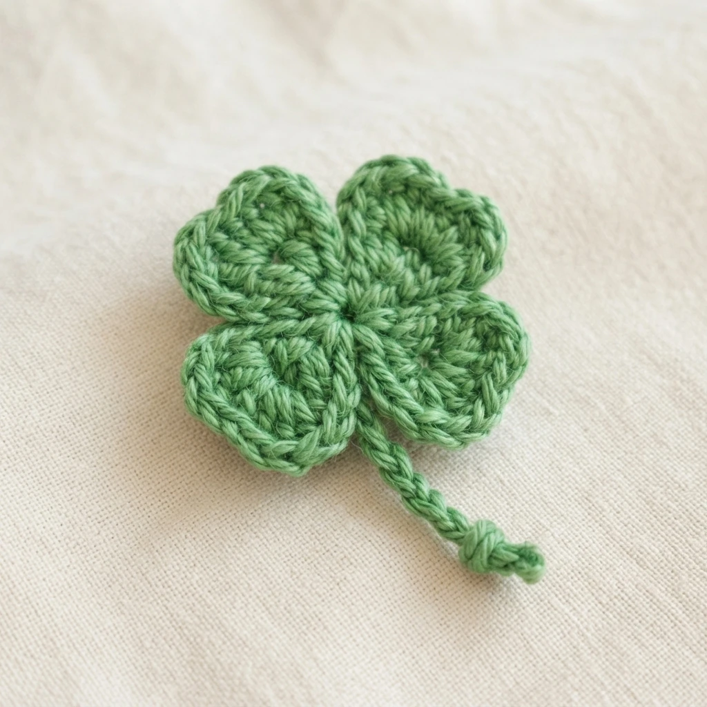 Crocheted four-leaf clover in light green with a short knotted stem, resting on a cream textured fabric.