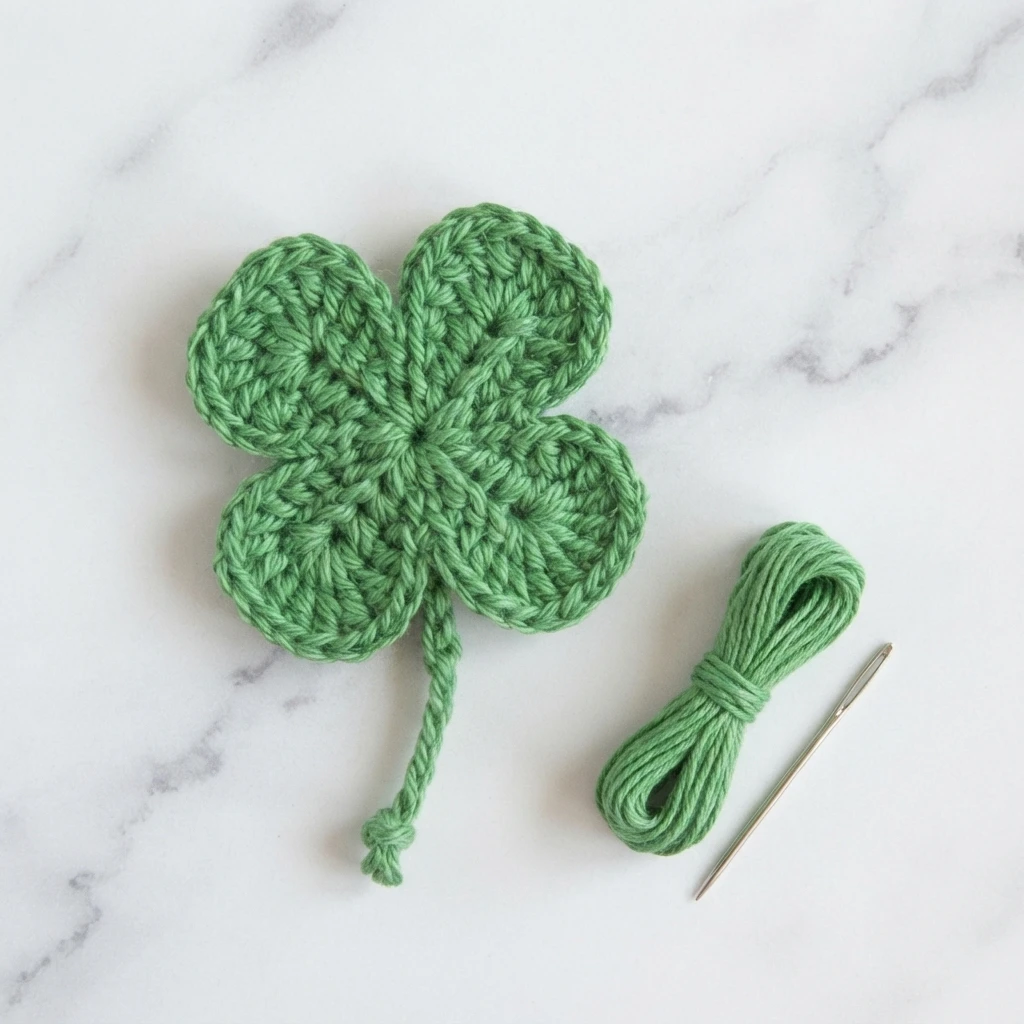 Crocheted four-leaf clover in green yarn with a braided stem, shown on a white marble surface next to a small bundle of green yarn and a darning needle.