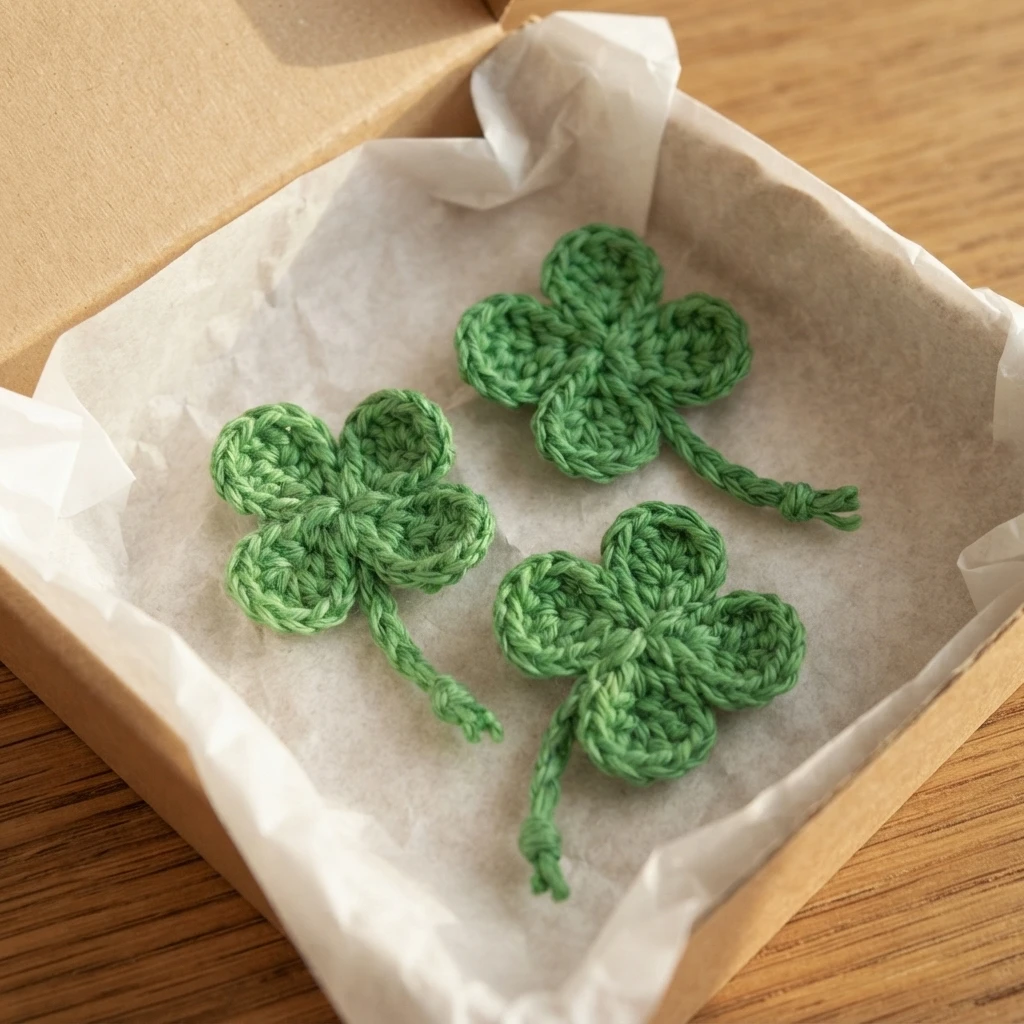 Three small green crocheted four-leaf clovers with stems arranged in a tissue-lined cardboard gift box on a wooden table