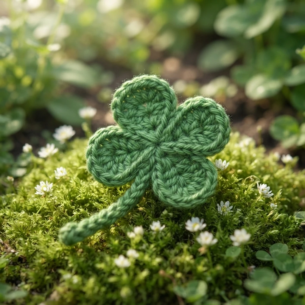 Green crocheted four-leaf clover with a braided stem resting on moss among tiny white flowers.