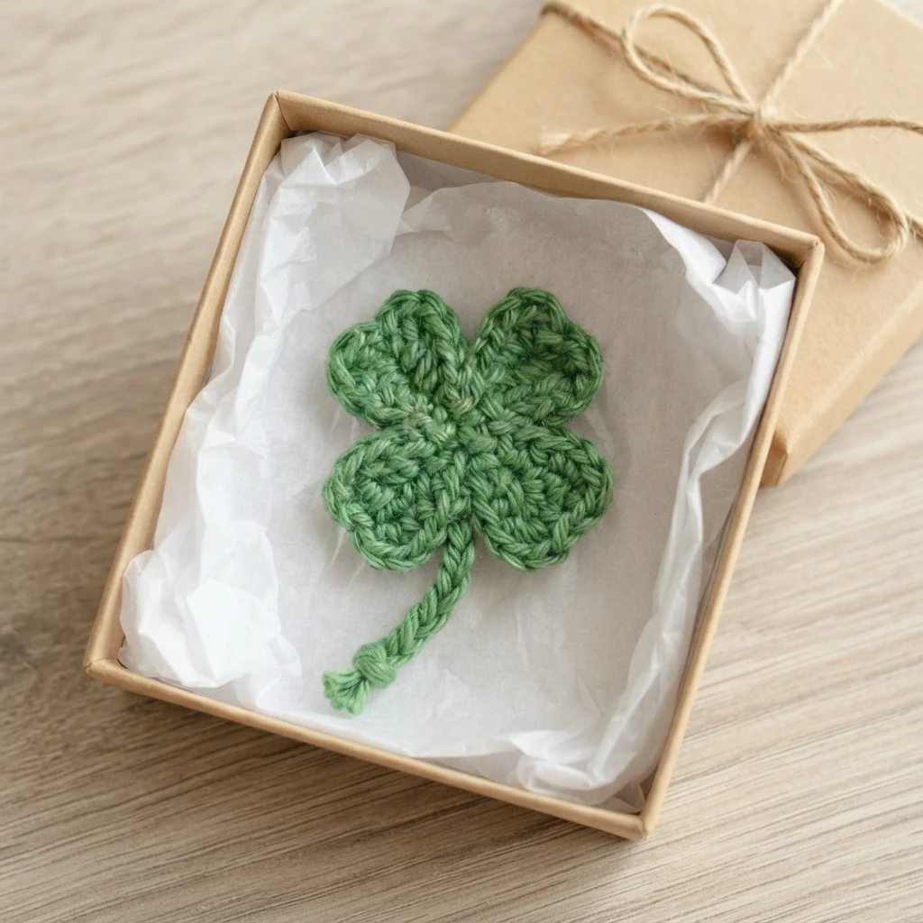 A crocheted green four-leaf clover with a twisted yarn stem, placed in a small kraft gift box lined with white tissue paper, next to a twine-tied gift box on a light wooden table.