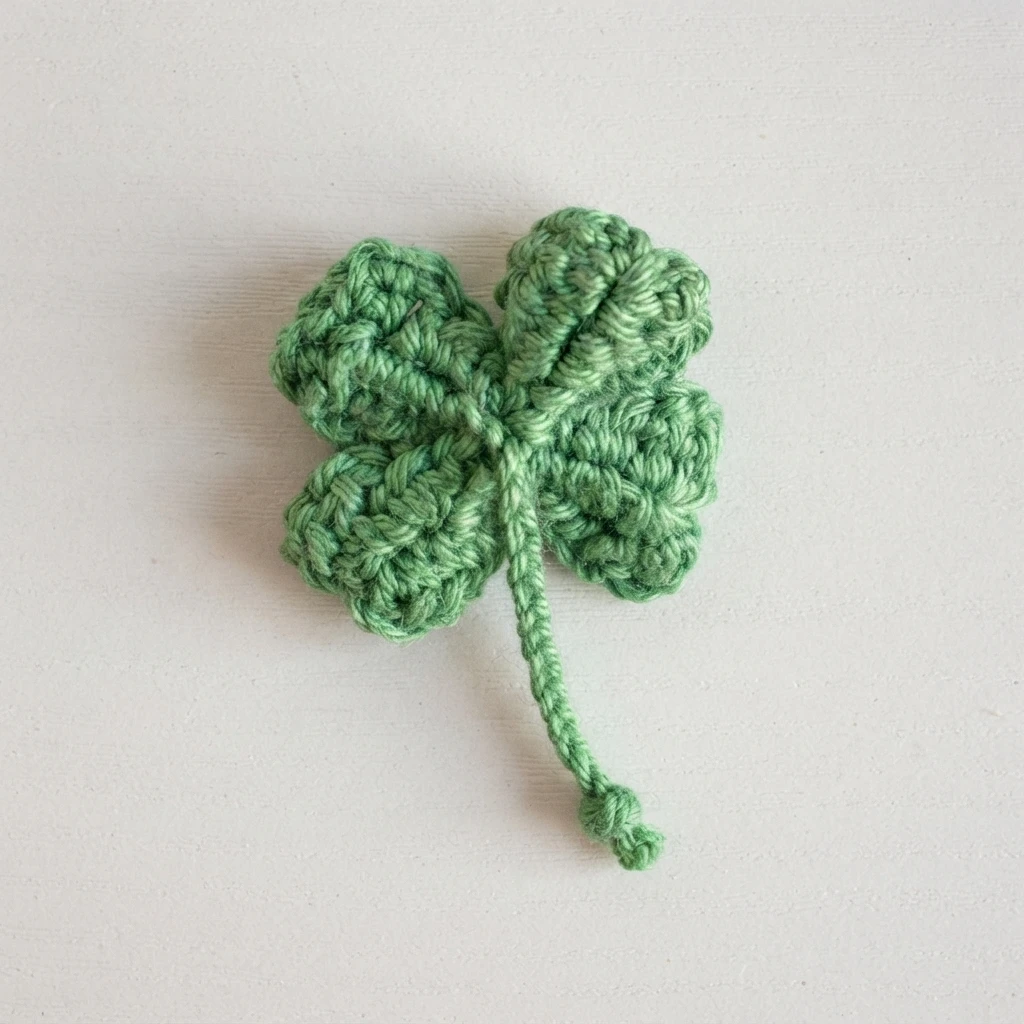 A small green crocheted four-leaf clover with a short braided stem lying on a light background