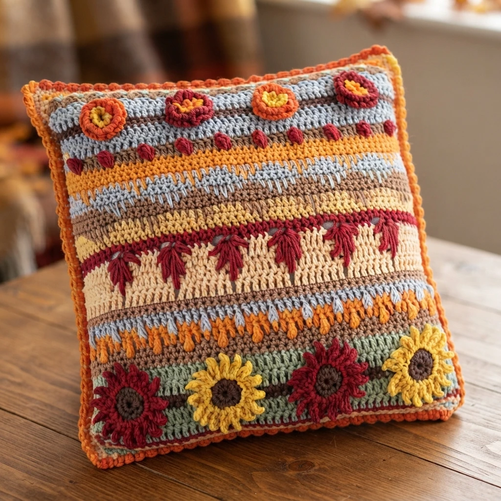 Square crocheted pillow in autumn colors with horizontal sampler bands, small orange and red flowers near the top, red leaf motifs in the middle and sunflowers along the bottom edge, resting on a wooden table.
