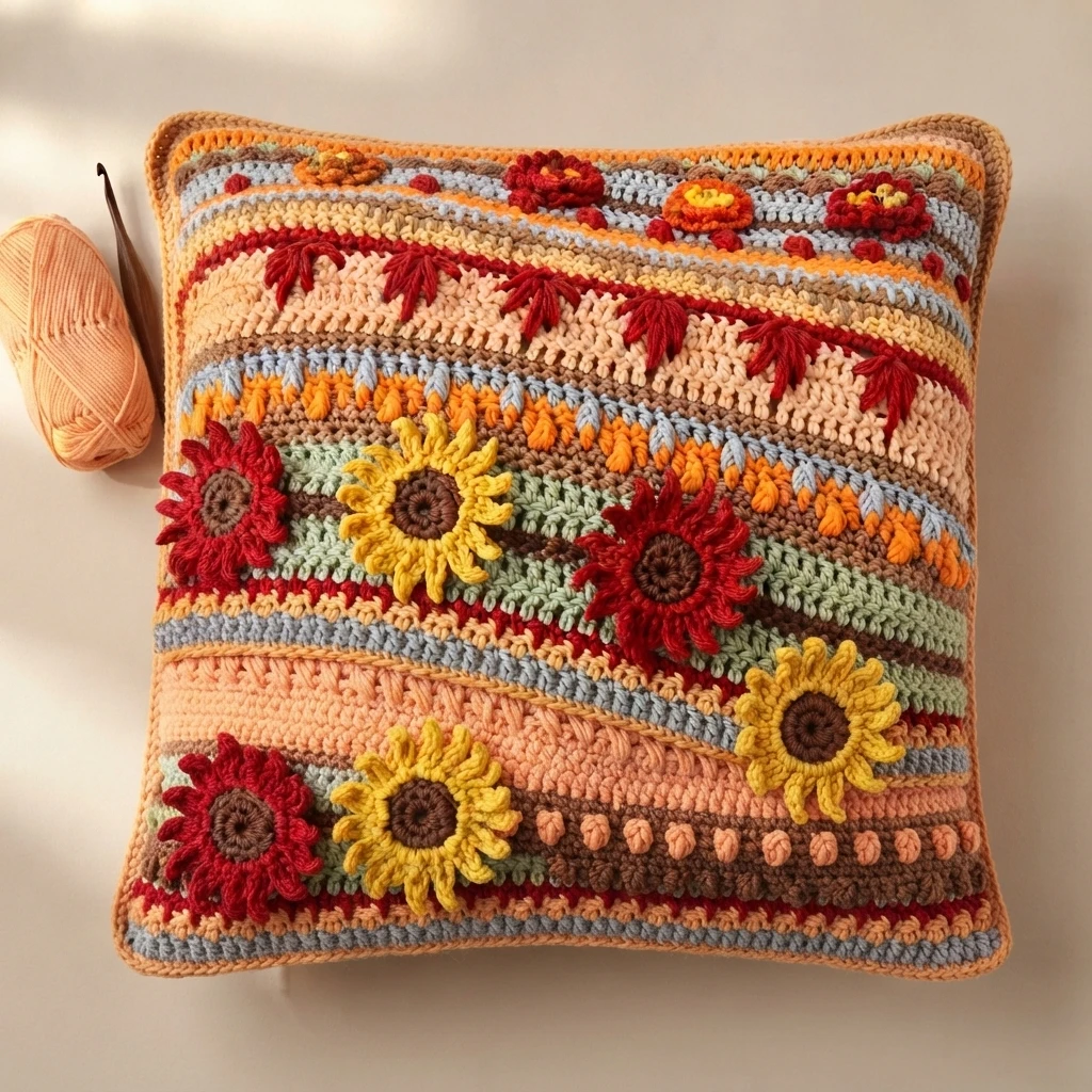 Square crochet pillow in autumn colors with horizontal stripes of sunflowers, red leaf motifs, bobbles and textured stitches, shown flat on a light surface with a ball of peach yarn and a crochet hook beside it