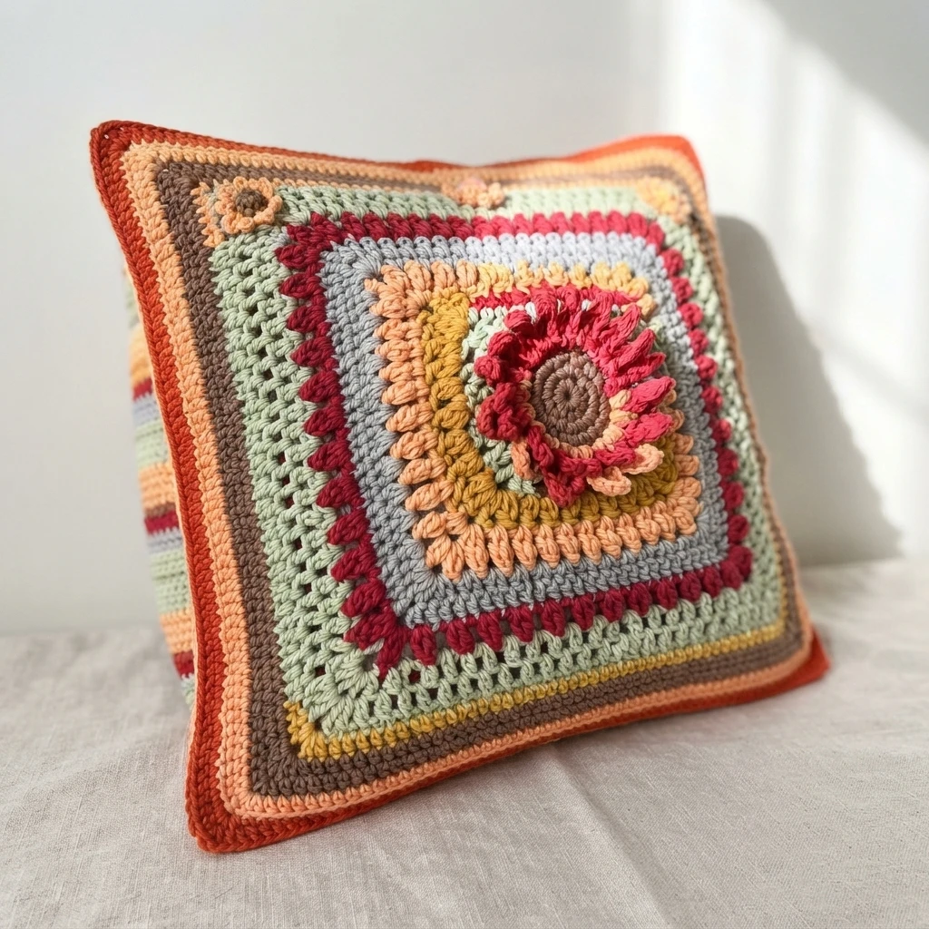 Crocheted square pillow in concentric colour bands with a large red and brown sunflower motif at the centre, resting on a light cloth in a bright room.