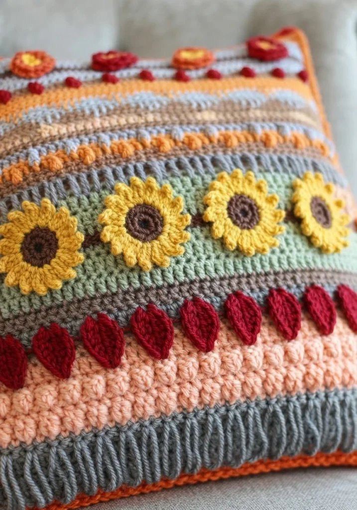 Close-up of a crocheted pillow showing a row of yellow sunflowers with dark brown centres, a band of red crochet leaves, and striped sections in peach, green, grey, brown and orange, finished with an orange border.