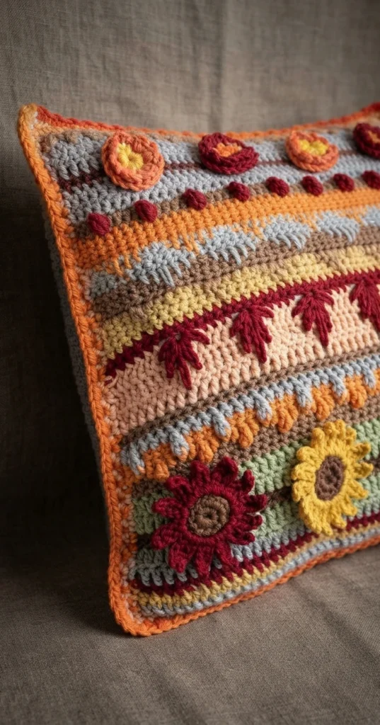 Gros plan en angle sur un coin de coussin crocheté montrant des bandes horizontales de points texturés en gris, orange, pêche et vert, une rangée de motifs feuilles rouges, de petits ronds fleuris en haut et des soleils rouges et jaunes au-