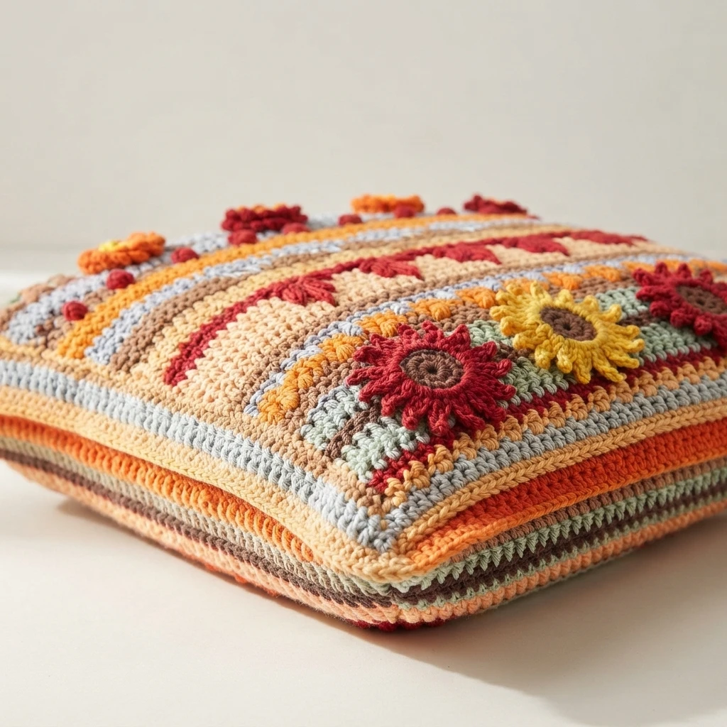 Crocheted square pillow shown at an angle on a plain light background, with horizontal sampler bands in orange, grey, brown and cream, red leaf motifs, small bobble accents, crocheted sunflowers in red and yellow, and an orange crocheted bo