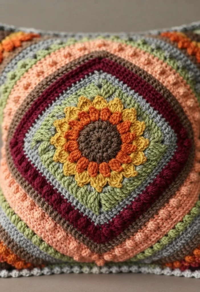Close-up of a crocheted pillow front showing a single circular sunflower motif with a dark brown center, ringed by petals in yellow and orange, then concentric bands of green, grey, burgundy and peach stitches on a striped background.