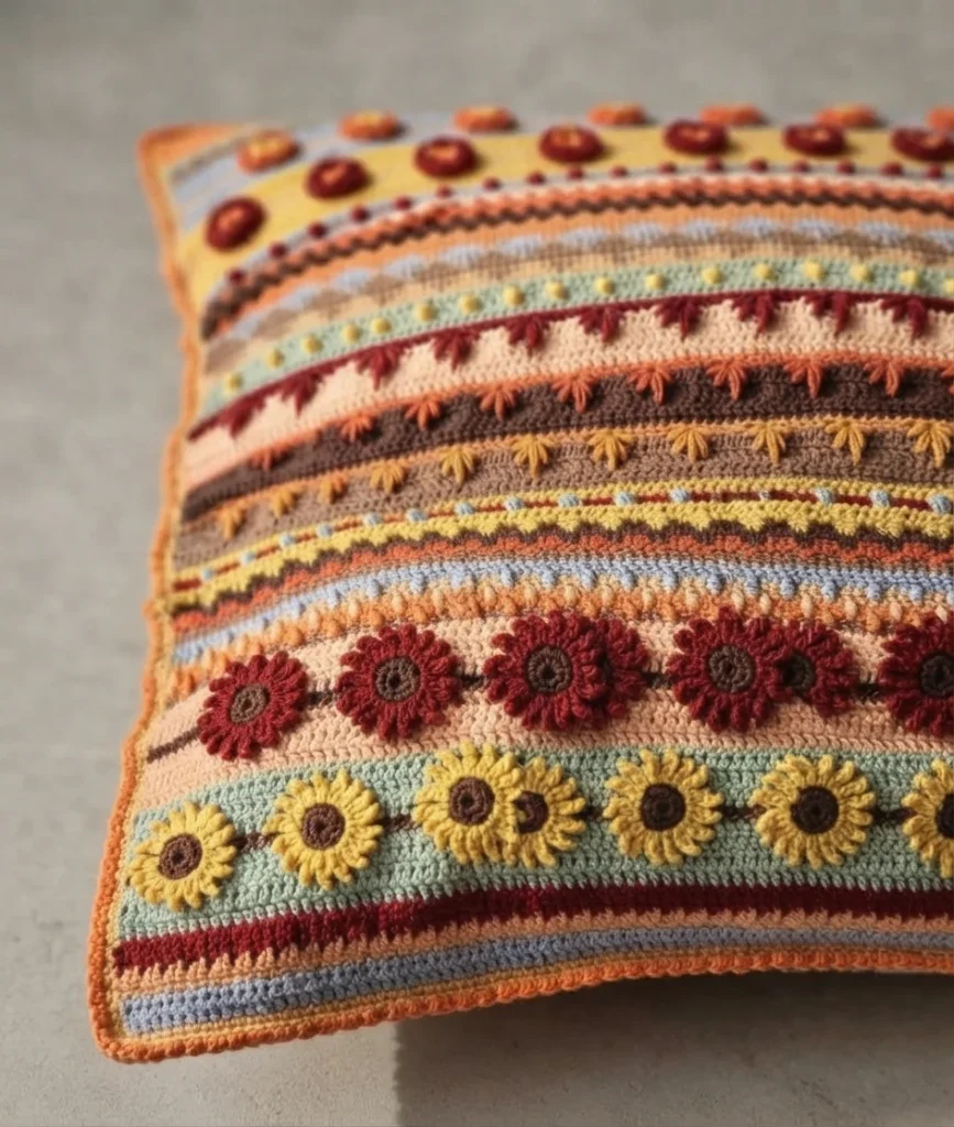 Close-up angled view of a finished crochet pillow with horizontal bands of textured stitches, rows of dark red flowers and yellow sunflowers with brown centers, leaf and bobble details, and a bright orange border.