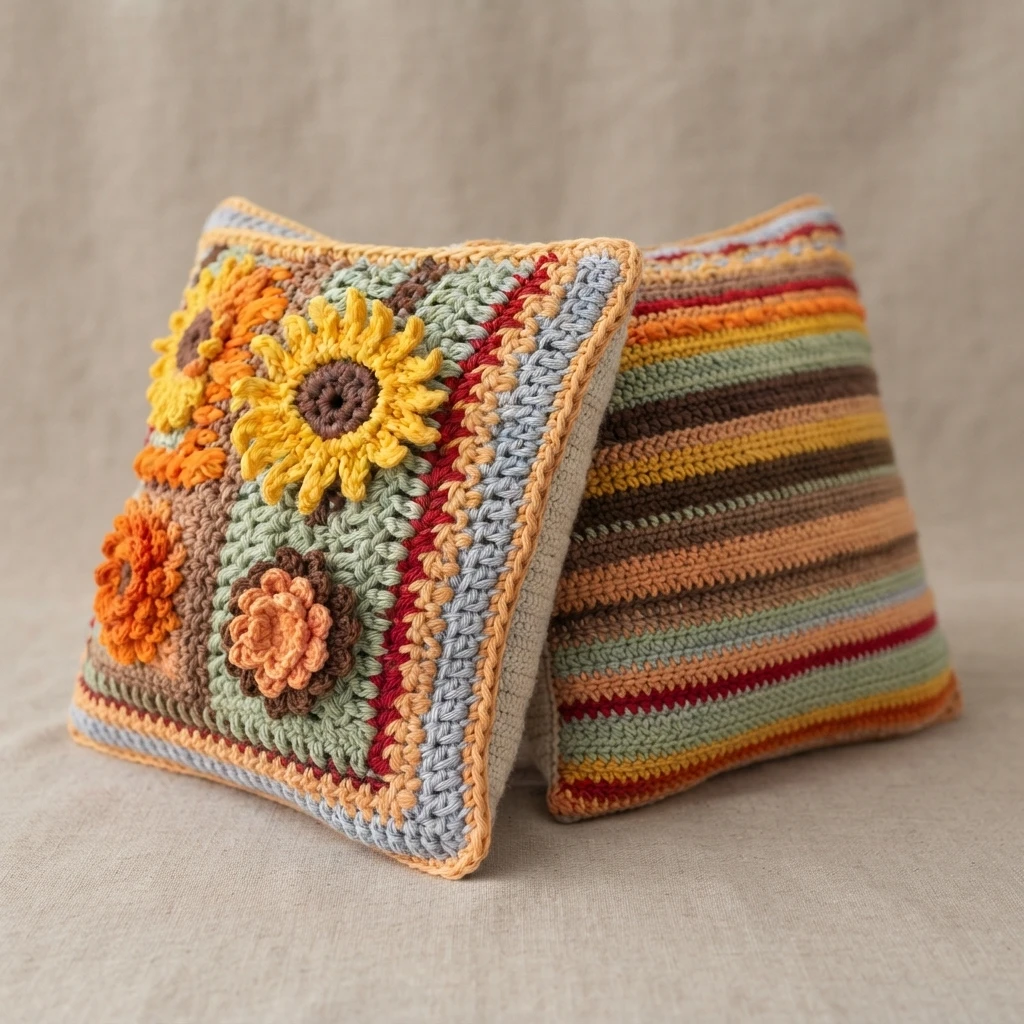 Two crocheted pillows resting on a plain beige fabric surface, one showing a panel of crocheted sunflowers and flowers in yellow, orange, red and green with a striped edge, the other turned to show narrow multicolored stripes.
