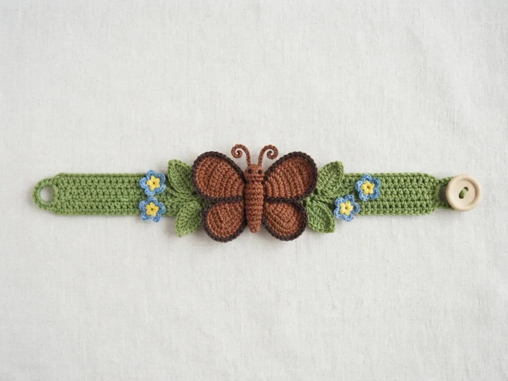 Flat lay of a crocheted green bracelet with a brown butterfly applique, green leaves, small blue flowers with yellow centers and a light wooden button