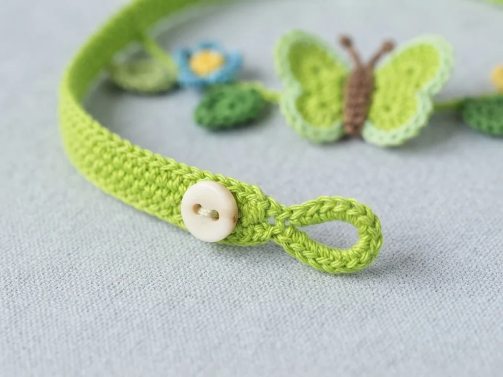 Close-up of a lime-green crocheted bracelet band with a cream button fastened through a chain loop, with a blurred crocheted butterfly and blue flower in the background.