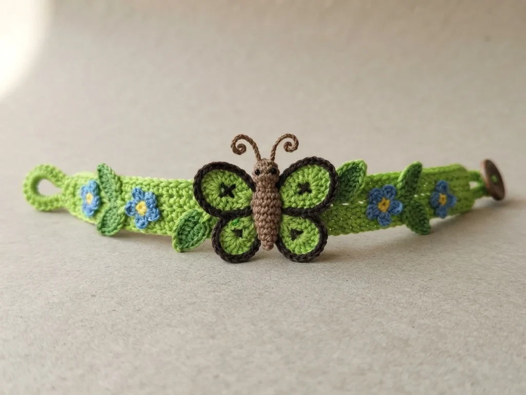 Finished crocheted green bracelet decorated with small blue flowers and leaves, centered with a butterfly with green wings edged in dark brown, closed with a brown button.
