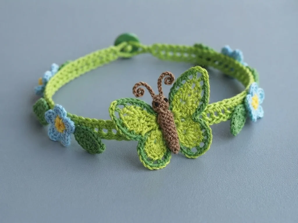 A crocheted green bracelet with a butterfly motif and blue flowers with yellow centers, with a button closure, photographed on a grey surface.