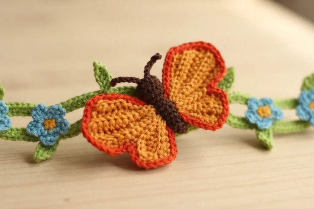 Close-up of a crocheted butterfly with orange and yellow wings on a green floral bracelet, resting on light wood.