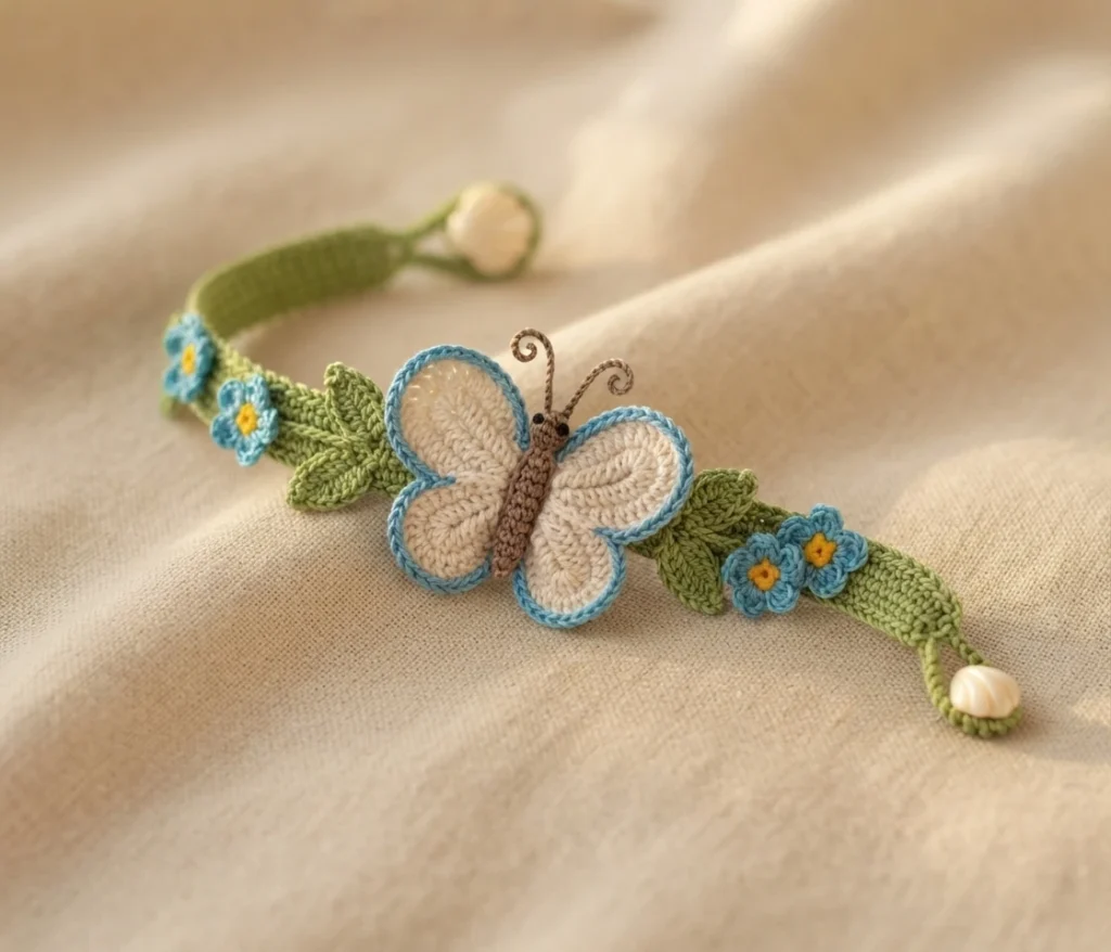 Crocheted bracelet with a cream butterfly edged in blue on a green leaf band decorated with small blue and yellow flowers