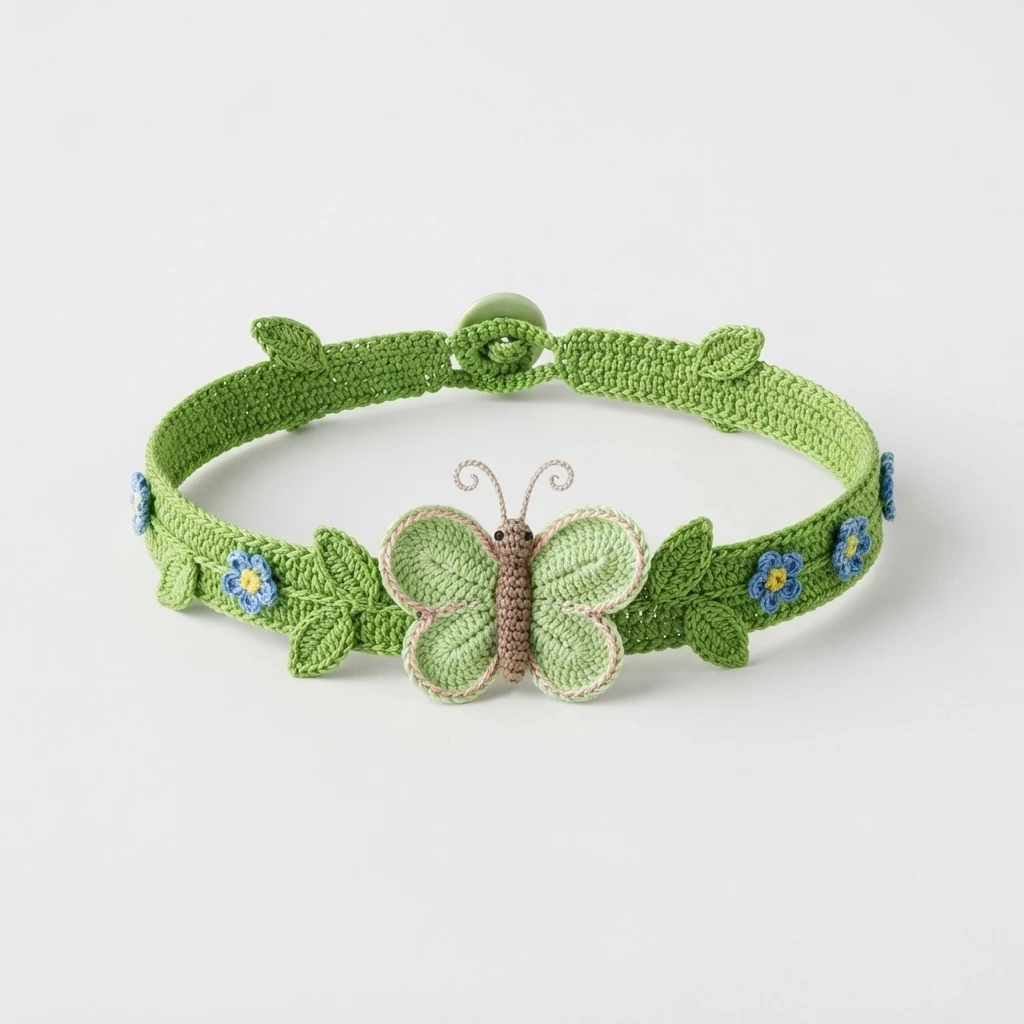 Crocheted green bracelet with a light green butterfly, small blue and yellow flowers, leaves, and a button loop closure on a white background.