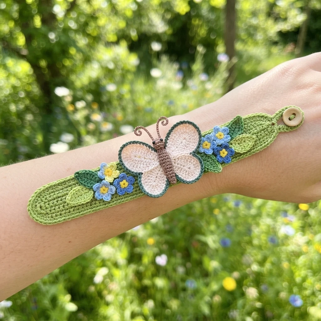 Crocheted green bracelet with pale butterfly and small blue flowers worn on a wrist outdoors