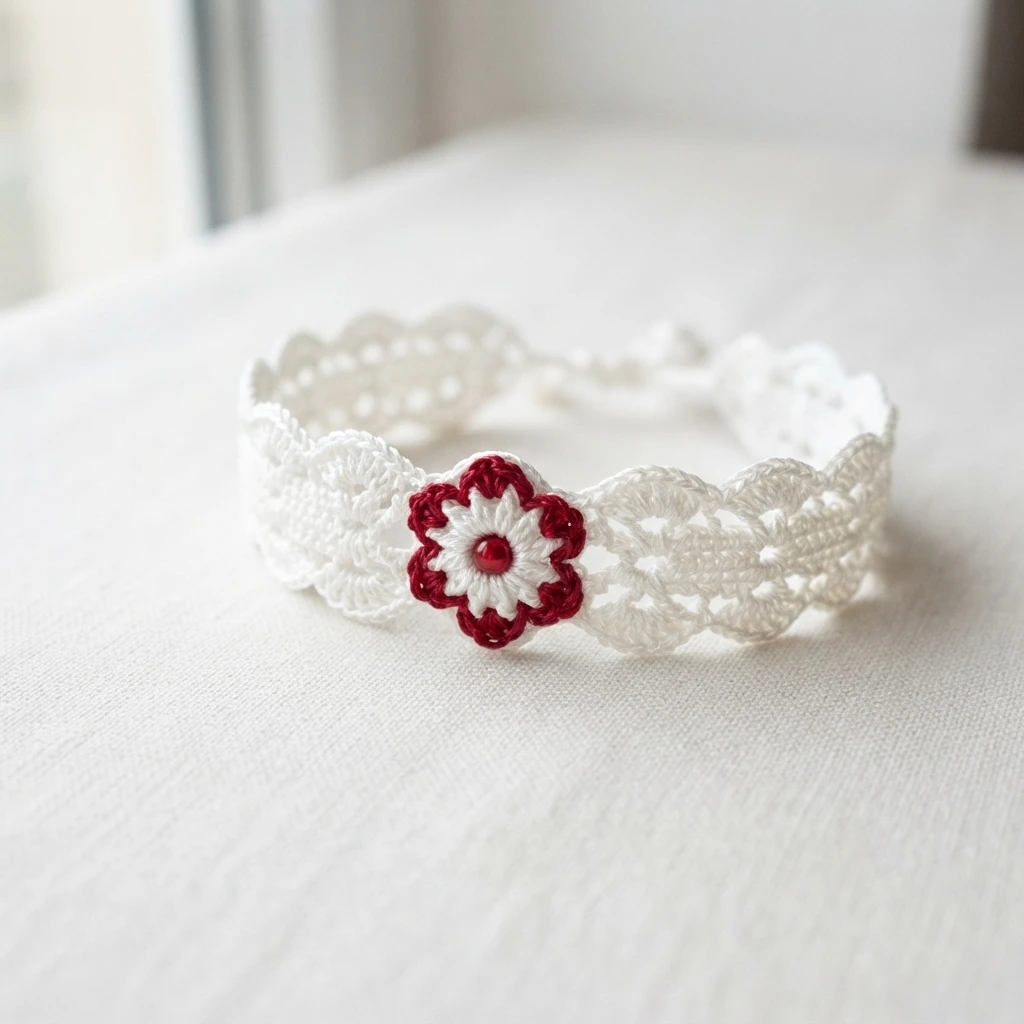 White lace crochet bracelet with a red and white flower and a red bead at its center, photographed on white fabric near a window.