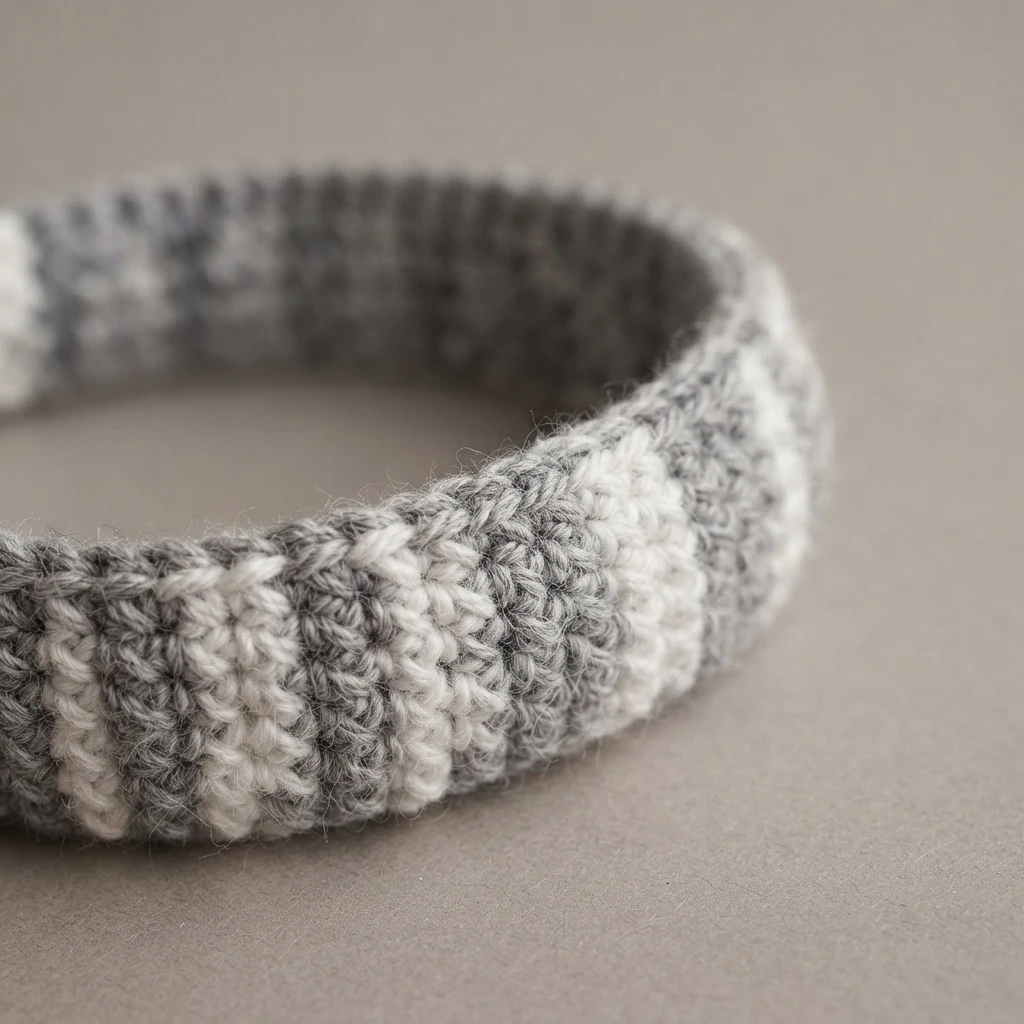 Crocheted bangle bracelet in alternating grey and white stripes resting on a beige surface