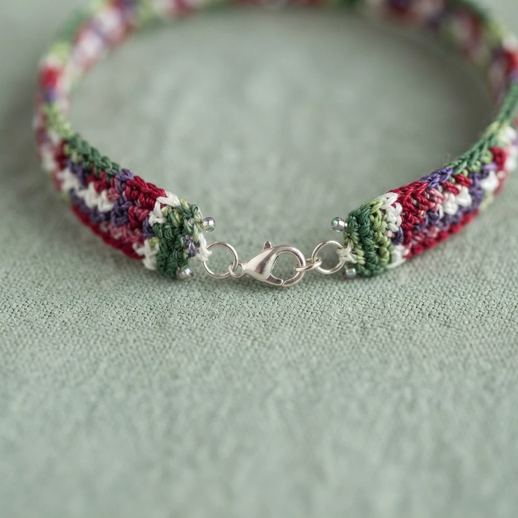 Close-up of a multicolored crocheted bracelet with red, white, green and purple yarn and a silver lobster clasp, resting on pale green fabric.