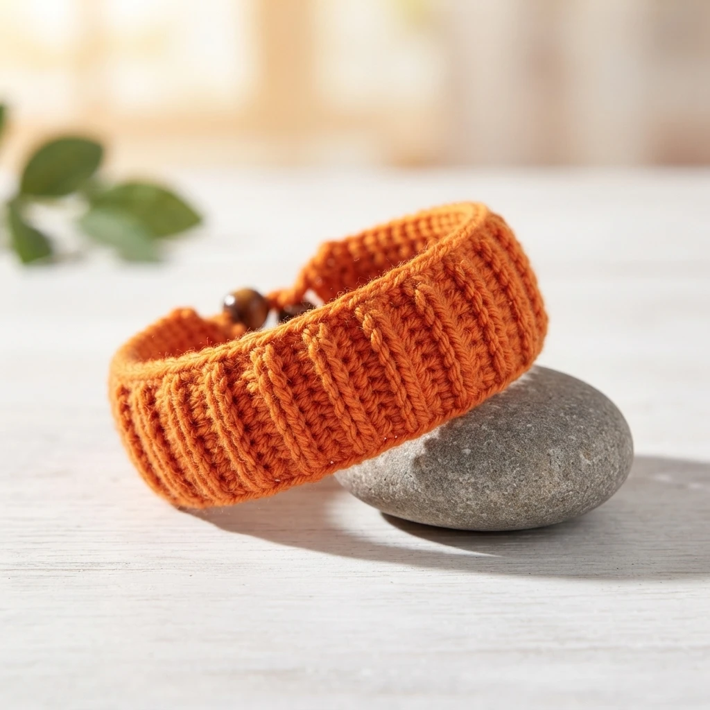 Wide orange ribbed crochet bracelet with a wooden bead closure leaning on a smooth gray stone on a white surface